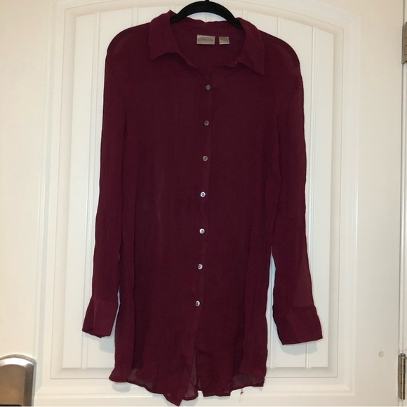 Chico’s 100% Silk Burgundy Button Down Mesh Kong Sleeve Blouse Size 2 (Large) - Picture 1 of 8